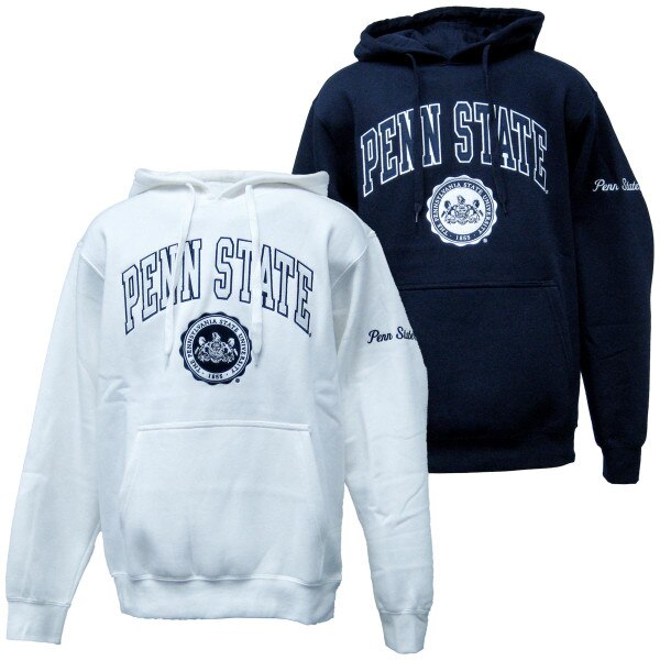 white and navy hooded sweatshirts with arched Penn State above PSU Seal